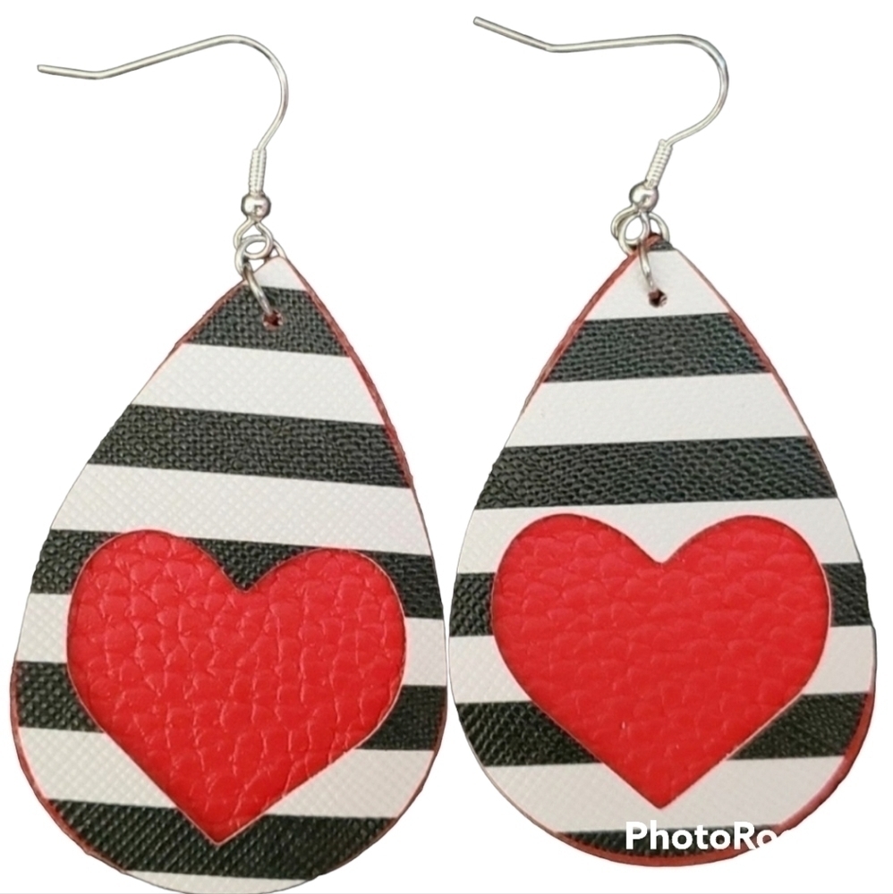 Valentine Earrings, Heart Earrings, Stripes- February 14th Decor - Handm…